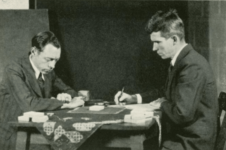 Hubert Pearce with parapsychologist J. B. Rhine experimenting with Zener cards.